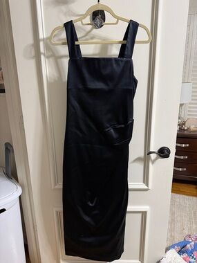 Black/Dark Navy Square-Neck Midi Dress with Wide Straps